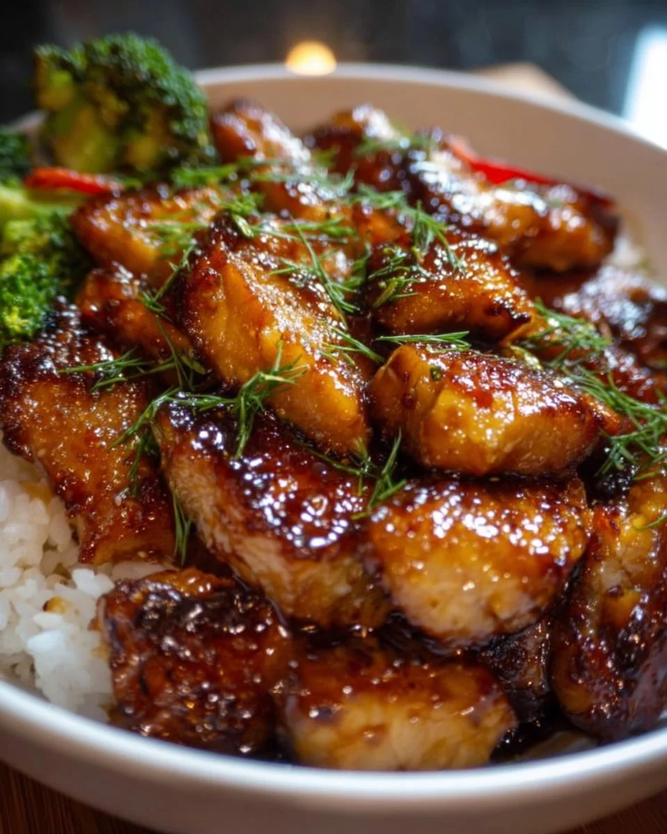 Leckeres Hühnchen Teriyaki Gericht mit Gemüse und Reis auf einem Teller