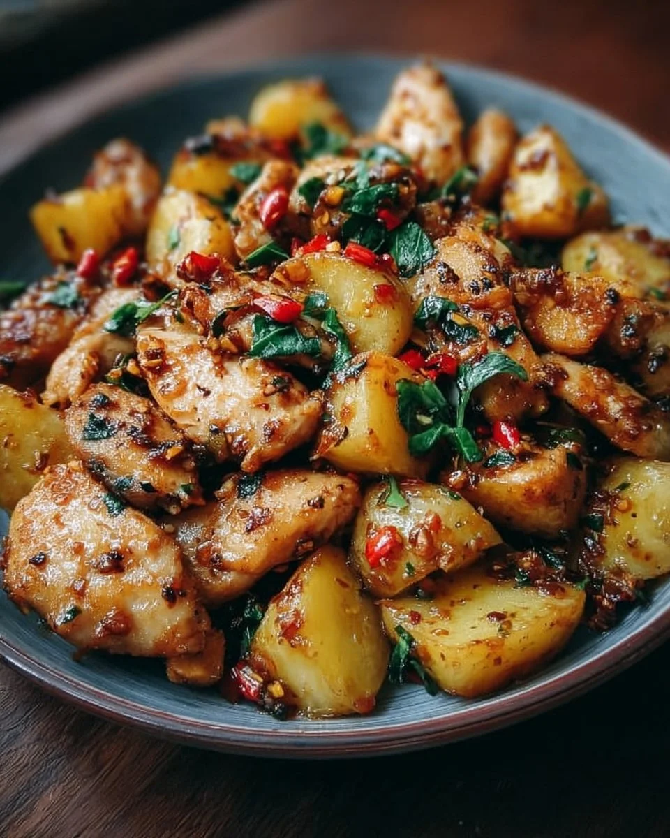 Hühnchen und Kartoffeln mit Chili-Knoblauch auf einem Teller angerichtet