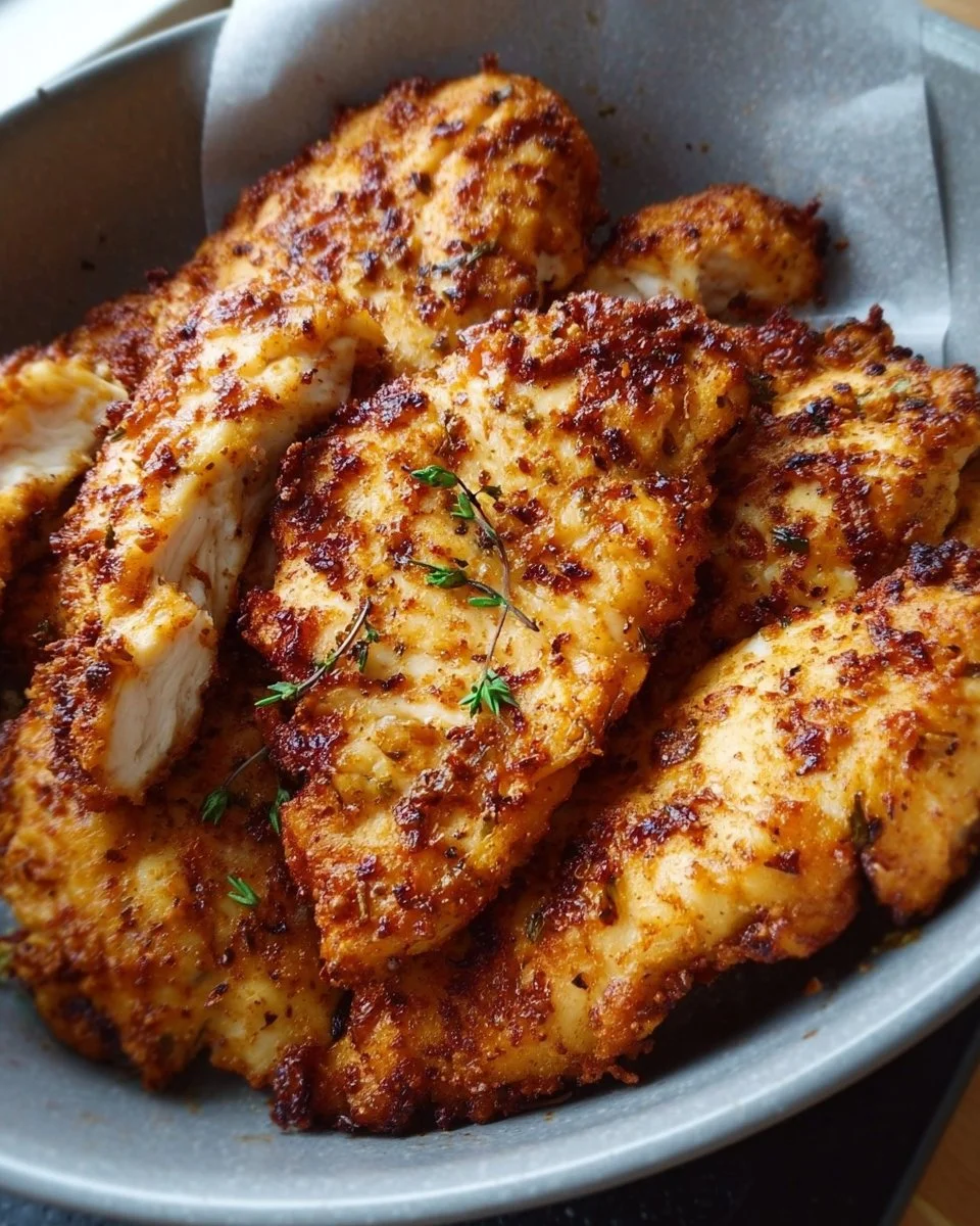 Hühnchenstreifen aus der Heißluftfritteuse auf einem Teller serviert.