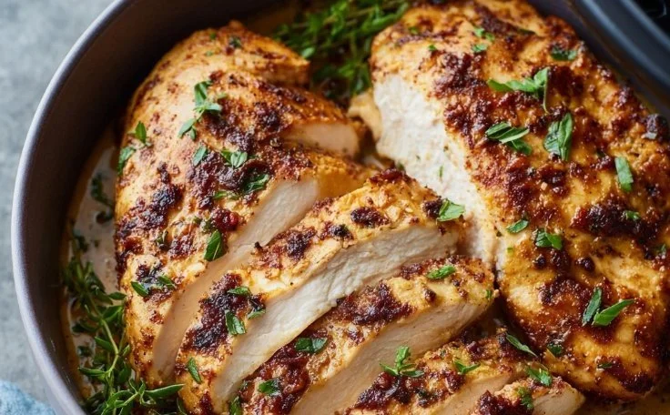 Saftige Hühnchenstreifen aus der Heißluftfritteuse auf einem Teller