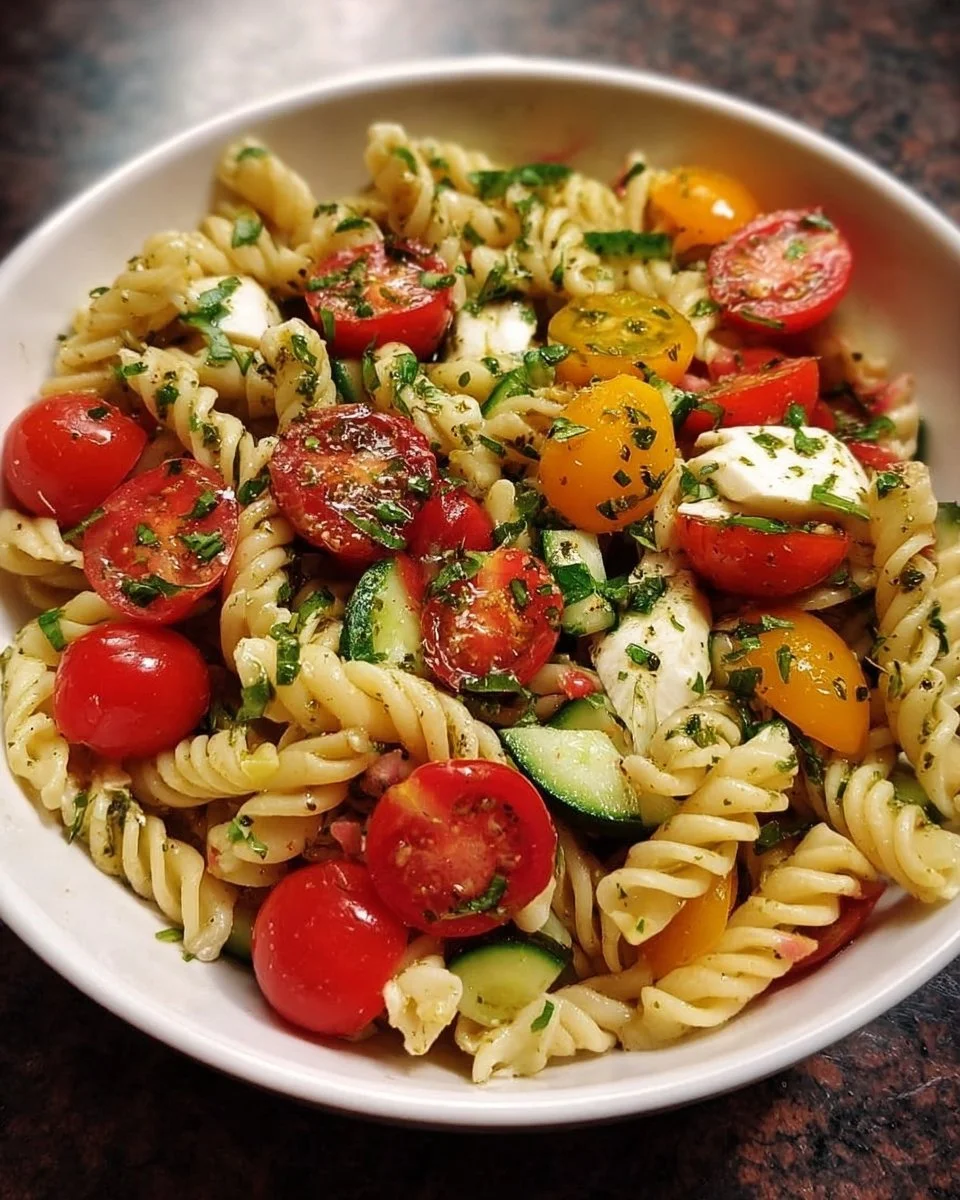 Italienischer Nudelsalat mit frischen Zutaten und buntem Gemüse