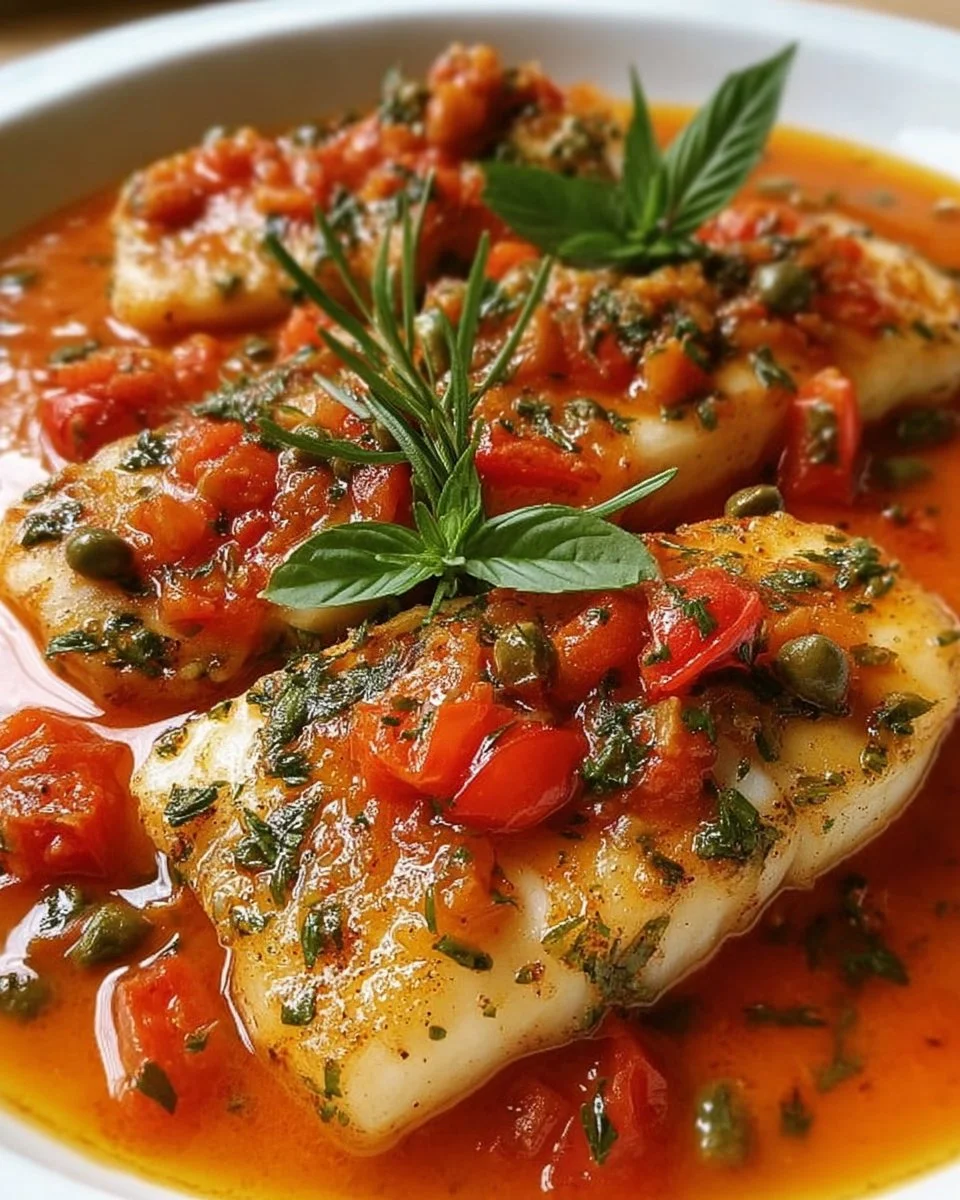Kabeljau in Tomaten-Kapern-Sauce serviert auf einem Teller