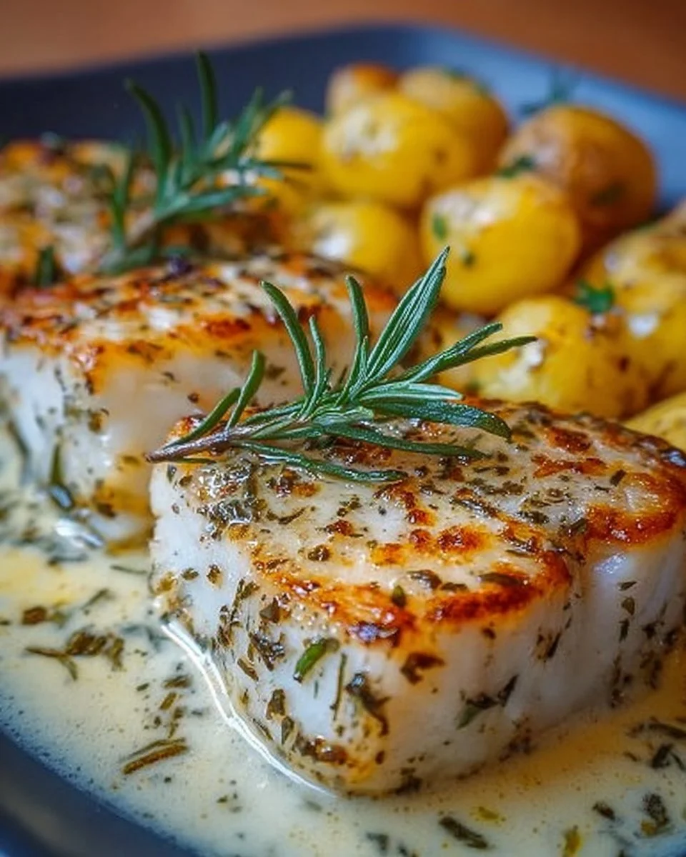 Kabeljau mit Rosmarin-Sahnesauce und Kartoffeln auf einem Teller serviert