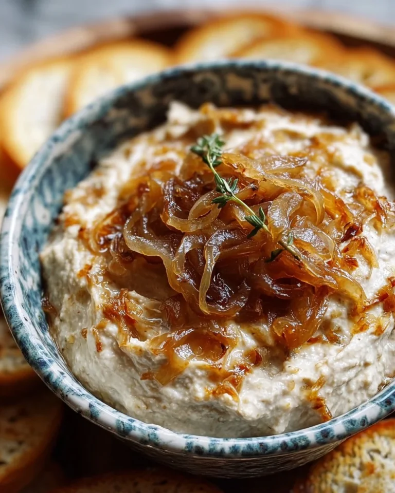 Karamellisierter Zwiebel-Dip auf einem Holzbrett serviert
