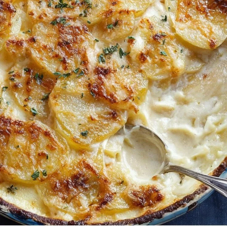 Leckeres Kartoffelgratin aus frischen Kartoffeln und Sahne überbacken