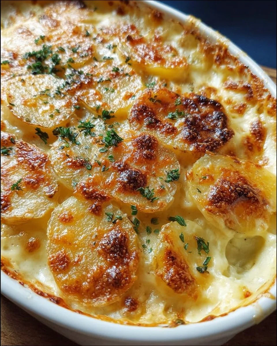 Leckeres Kartoffelgratin frisch aus dem Ofen, goldbraun und herzhaft.