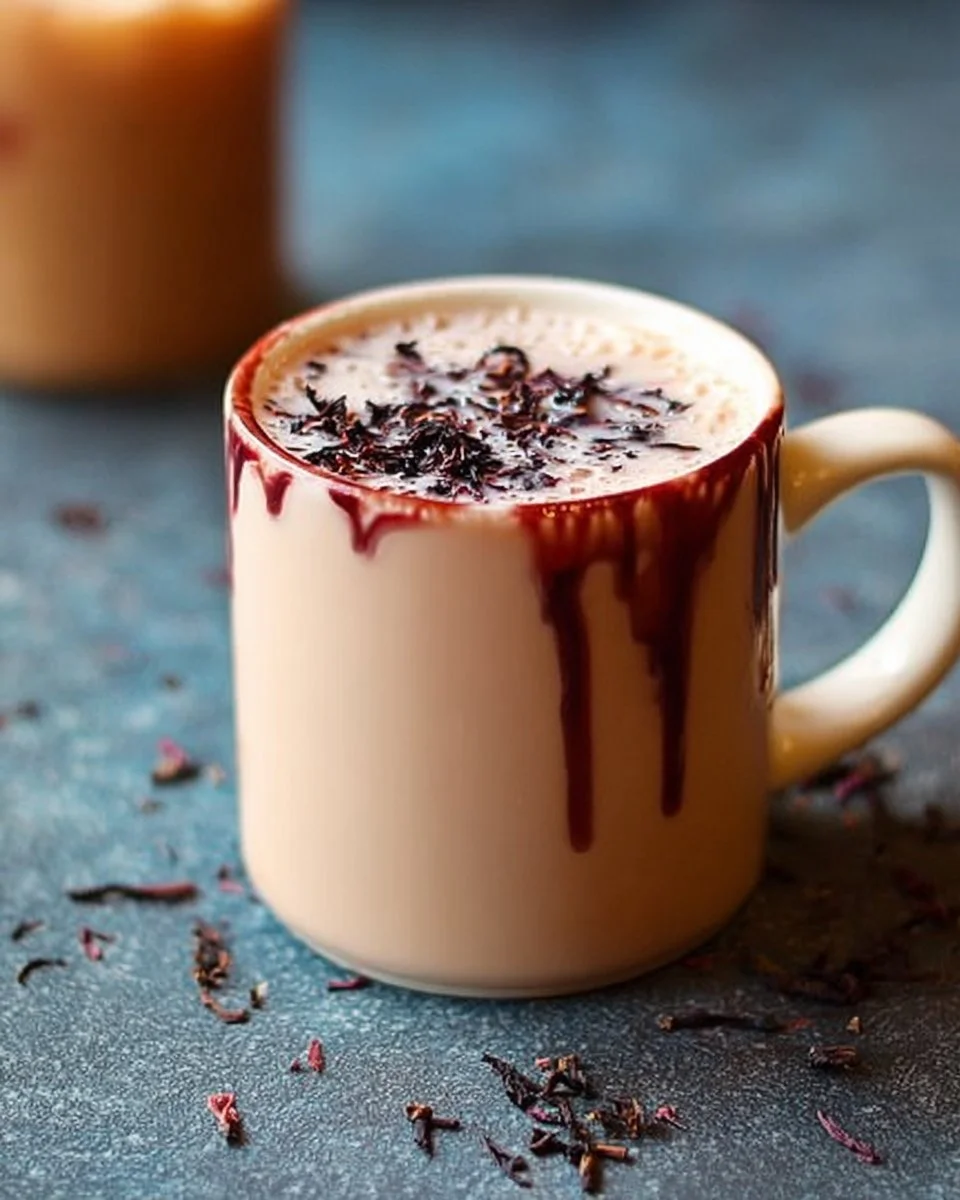 Eine Tasse Kirsch-Earl-Grey-Milchtee mit frischen Kirschen und Teeblättern.