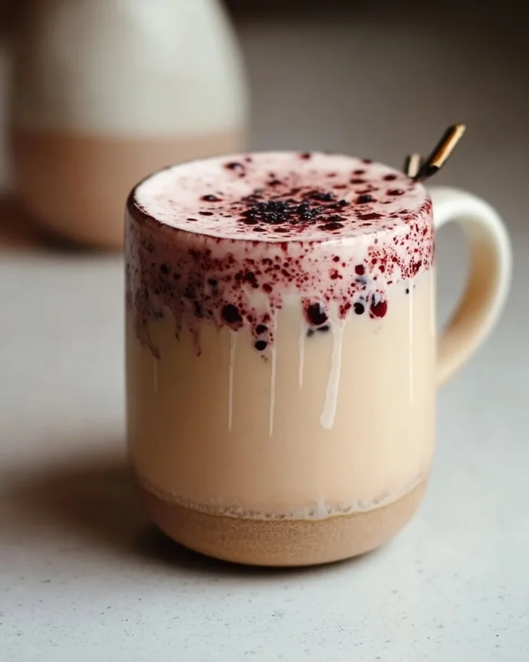 Kirsch-Earl-Grey-Milchtee in einer Tasse mit frischen Kirschen und Teeblättern.