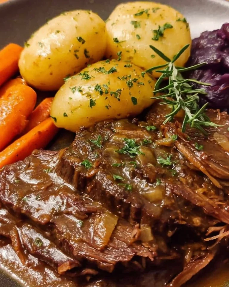 Klassischer Schmorbraten mit Beilagen auf einem Teller serviert.