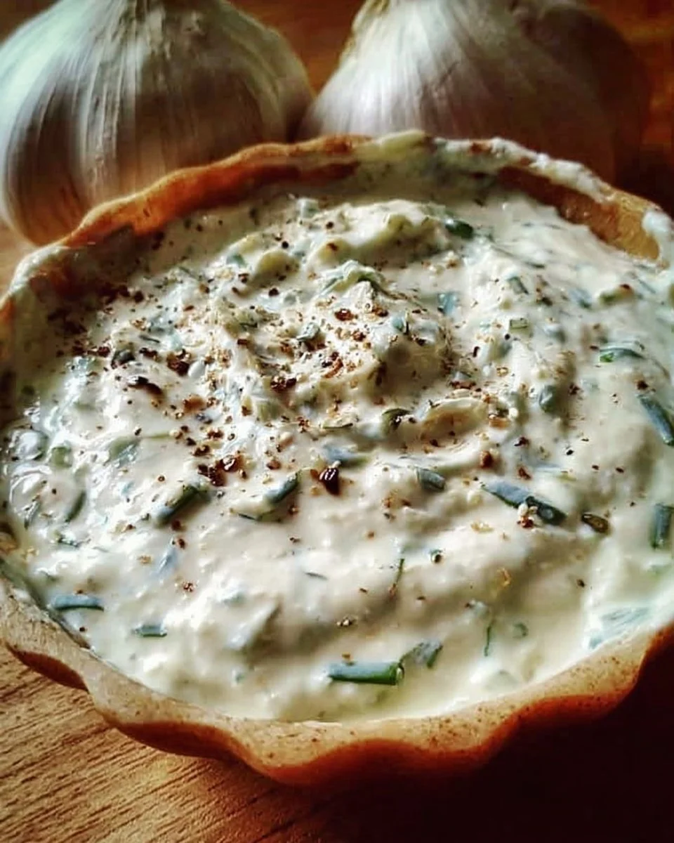 Köstlicher Knoblauch-Dip zum Eintauchen in einer Schüssel