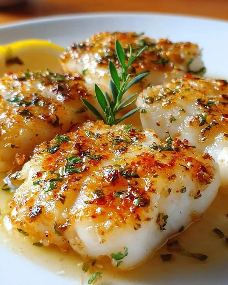 Gebackener Kabeljau mit Knoblauchbutter auf einem Teller