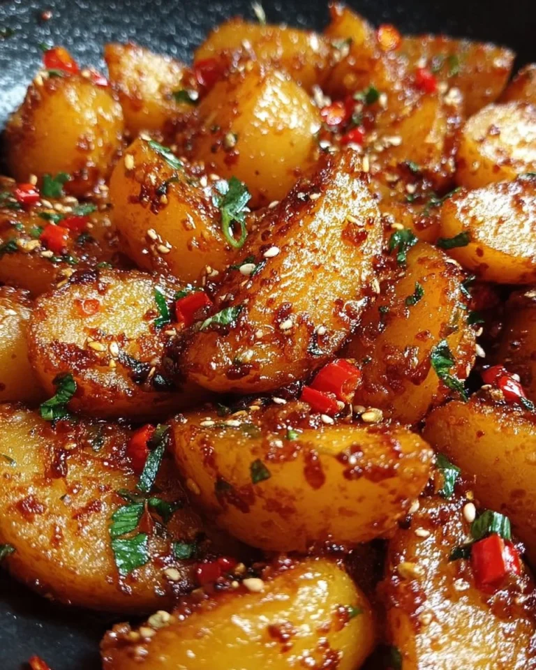 Knusprige Honig-Chili-Kartoffeln auf einem Teller serviert