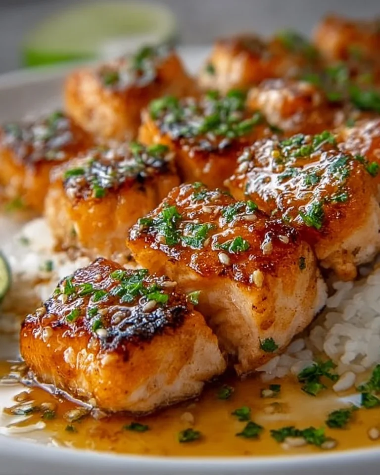 Knusprige Honig-Knoblauch-Lachs-Happen auf einem Teller angerichtet.