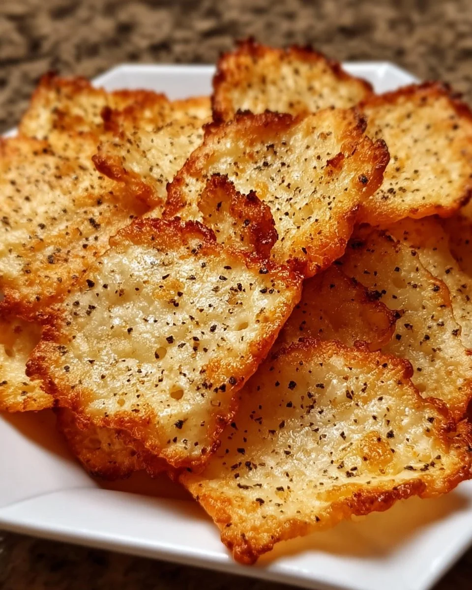 Knusprige Hüttenkäse-Chips auf einem Holzbrett