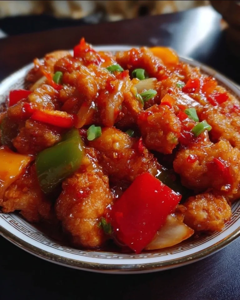 Knuspriges Süß-Saures Hähnchen auf einem Teller serviert