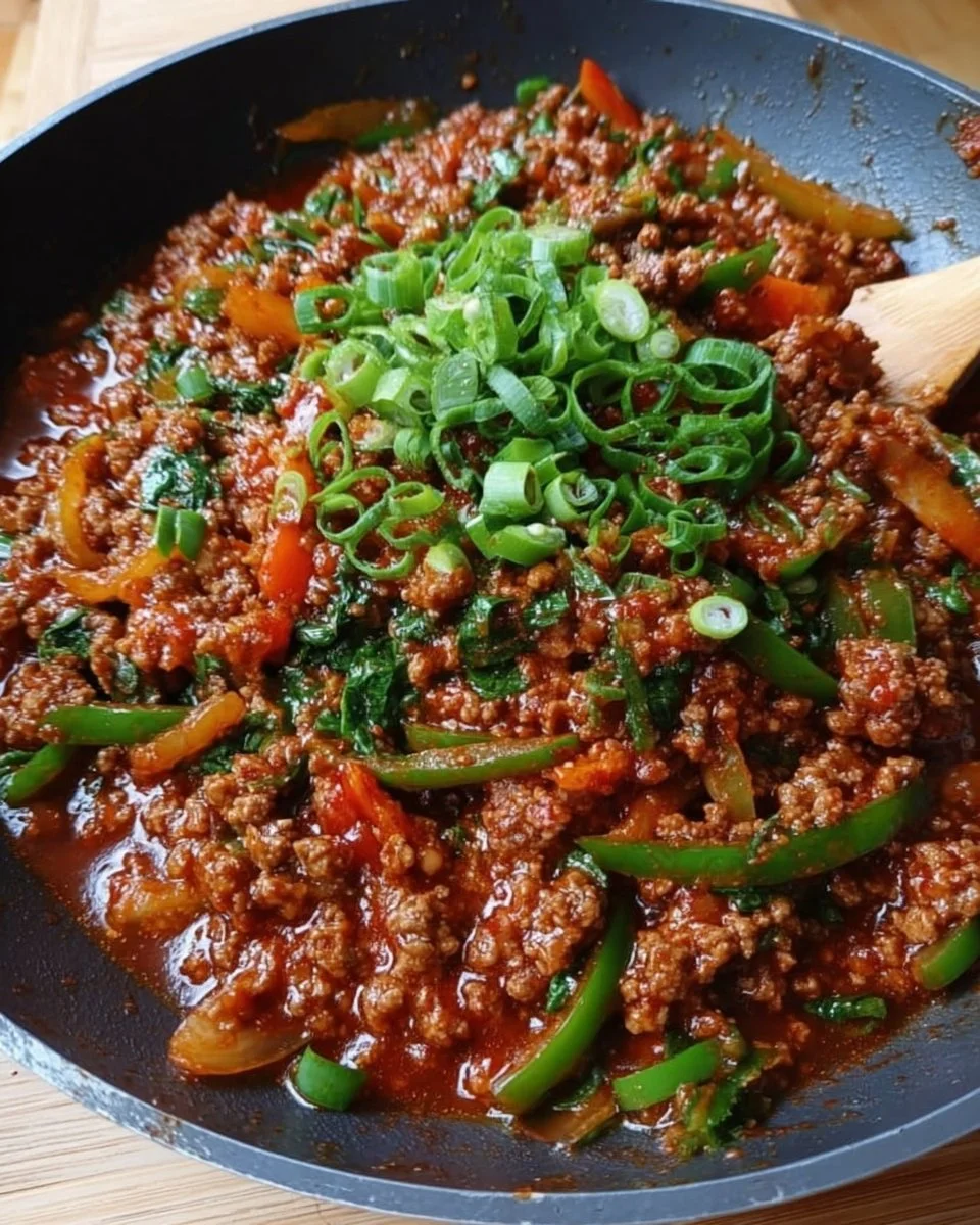 Koreanische Hackfleischpfanne mit Gemüse und Gewürzen auf einem Teller.