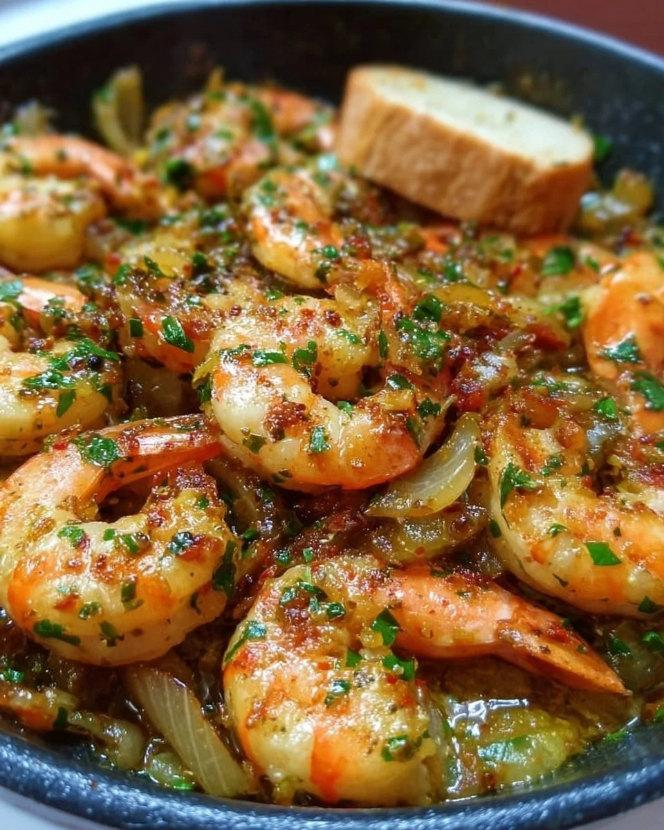Köstliche Garnelen mit Zwiebeln in einer Pfanne zubereitet