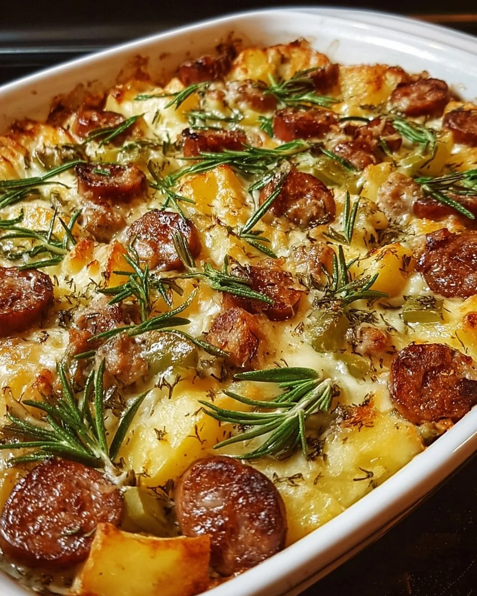 Köstlicher Wurst-Bohnen-Kartoffel-Auflauf auf einem Teller serviert