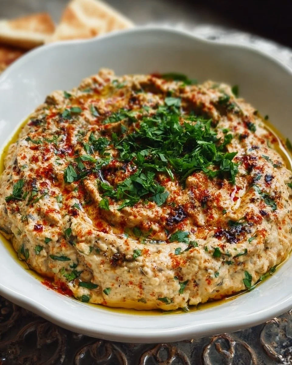 Köstliches Baba Ganoush serviert mit frischem Fladenbrot