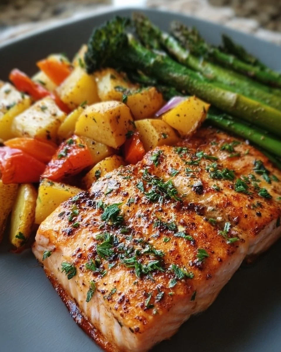Lachs mit Gemüse zubereitet in der Heißluftfritteuse
