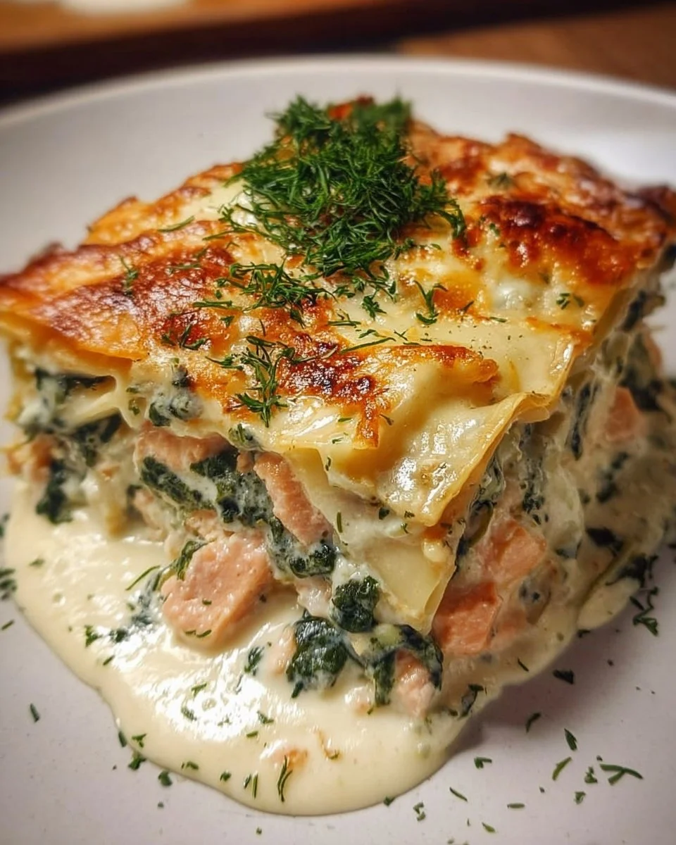 Lachs-Spinat-Lasagne mit frischem Spinat und zartem Lachs aus dem Backofen