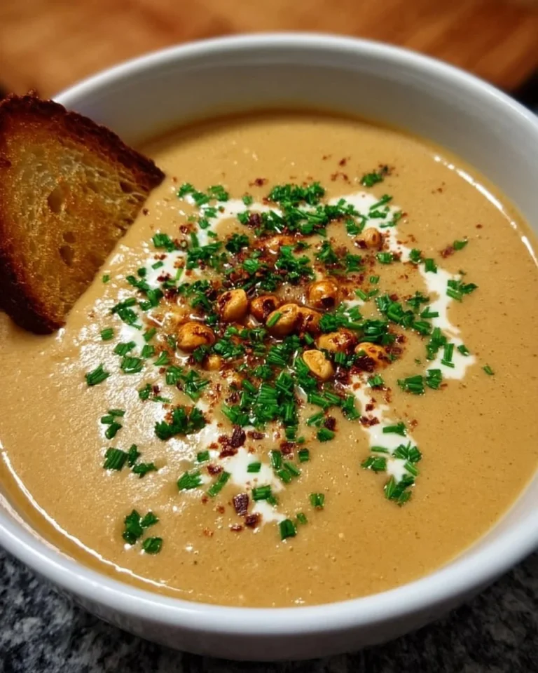 Cremige Kastaniensuppe in einer Schüssel serviert, garnierte mit Kräutern.