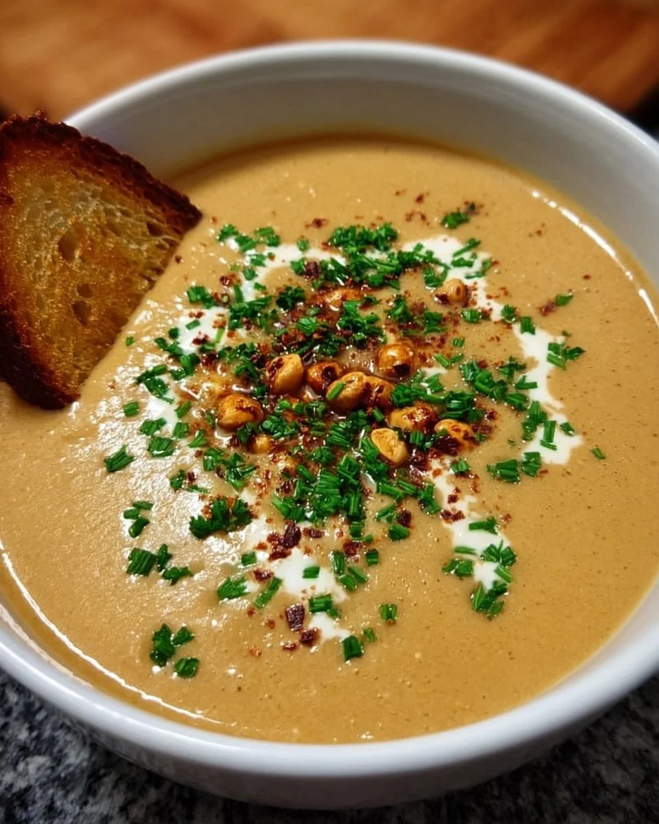 Cremige Kastaniensuppe in einer Schüssel serviert, garnierte mit Kräutern.