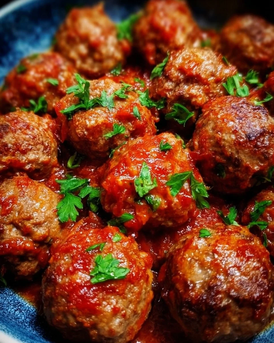 Leckere Hackbällchen auf einem Teller, serviert mit Soße und Beilagen.