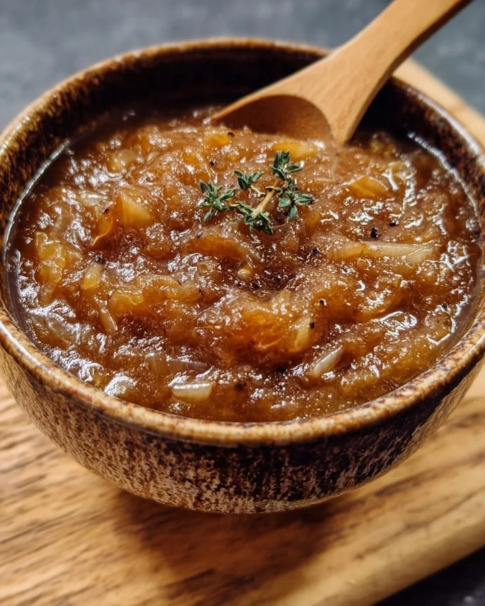 Hausgemachte Zwiebelsauce in einer Schüssel, serviert mit frischem Brot.