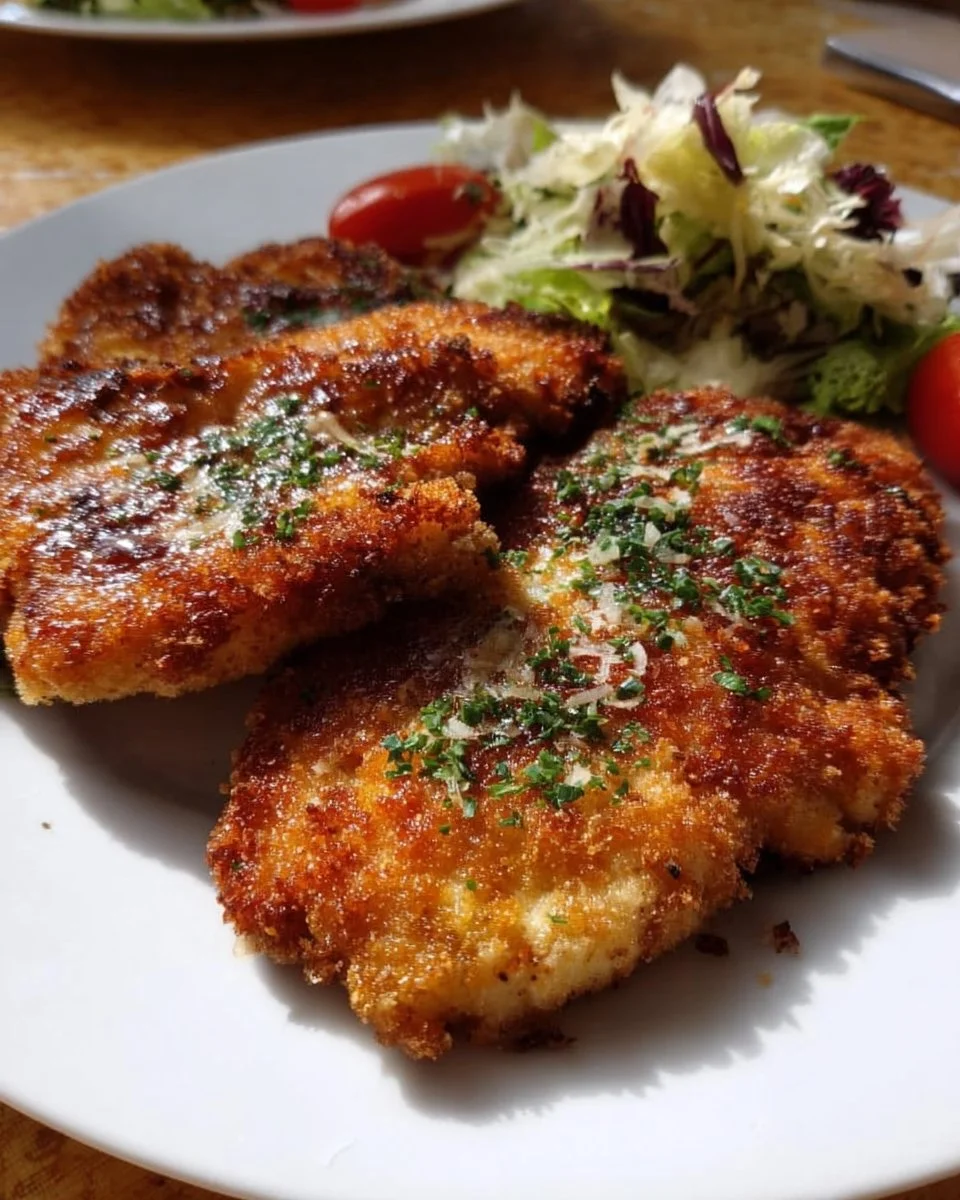 Leckeres Montafon Hähnchenschnitzel serviert mit Beilage und Sauce