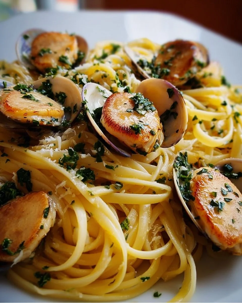 Linguine mit Jakobsmuscheln in Knoblauchbuttersauce auf einem Teller serviert