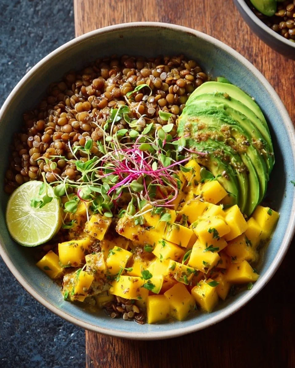 Linsenschüssel mit Mango und Avocado, eine gesunde und nahrhafte Mahlzeit