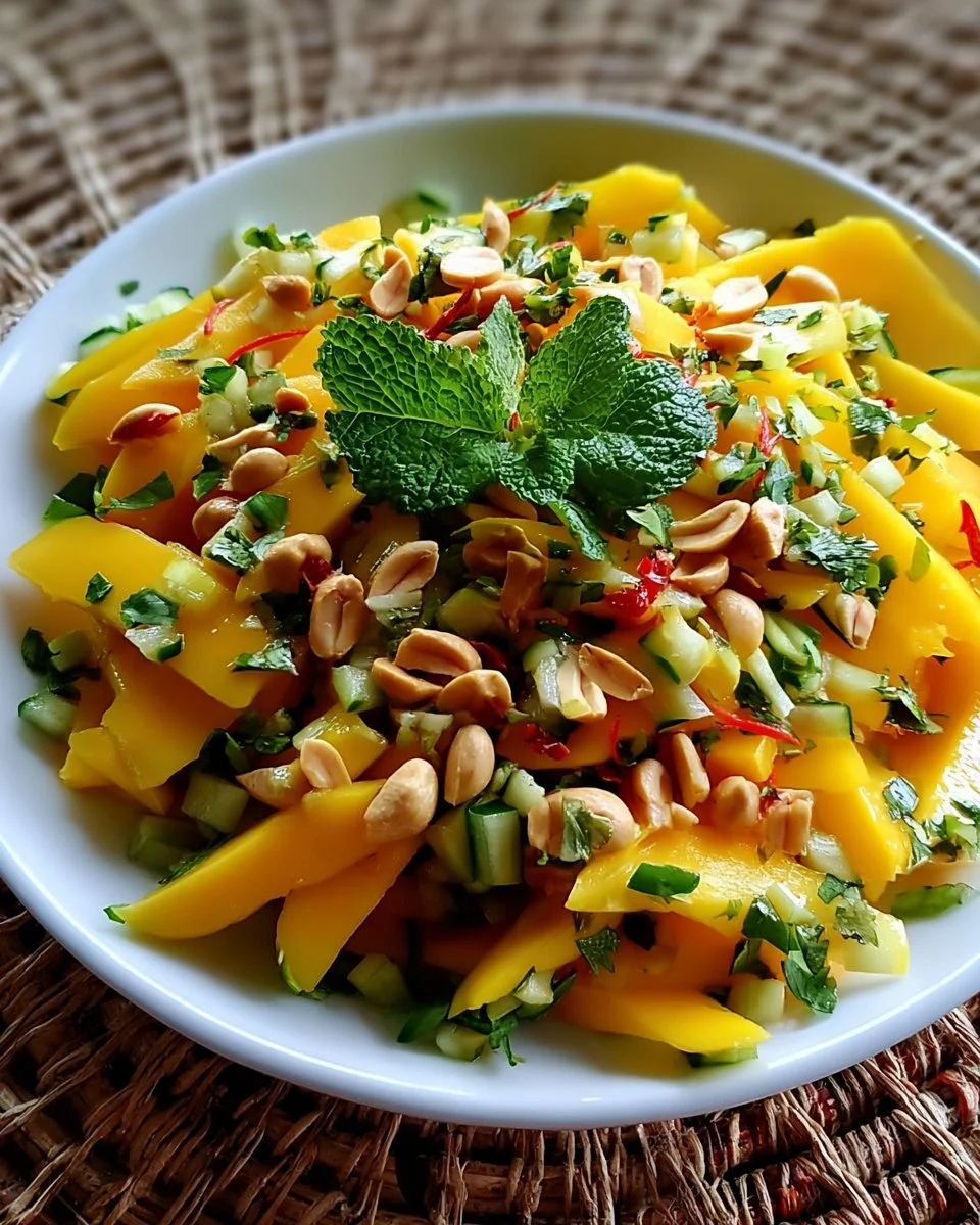 Frischer Mango-Salat mit Erdnüssen auf einem Teller