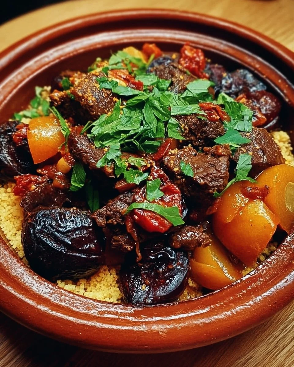 Marokkanischer Rindfleisch-Tagine mit Pflaumen auf dem Tisch serviert