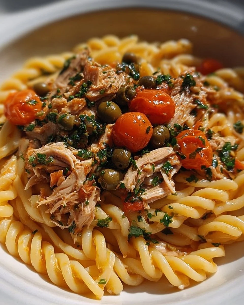 Mediterrane Thunfisch-Pasta mit frischen Zutaten serviert