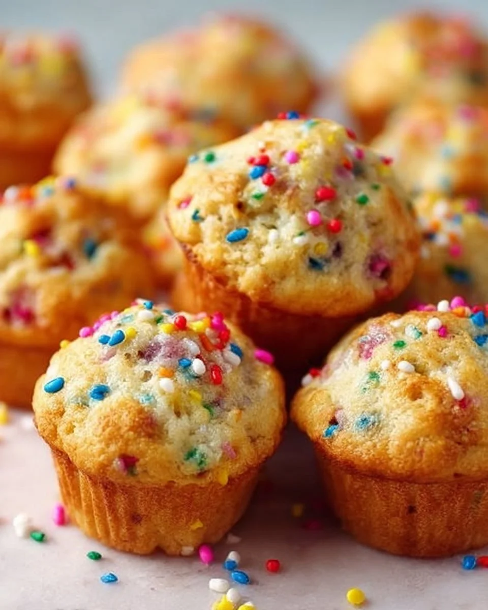 Mini Funfetti Muffins mit bunten Streuseln auf einem Teller