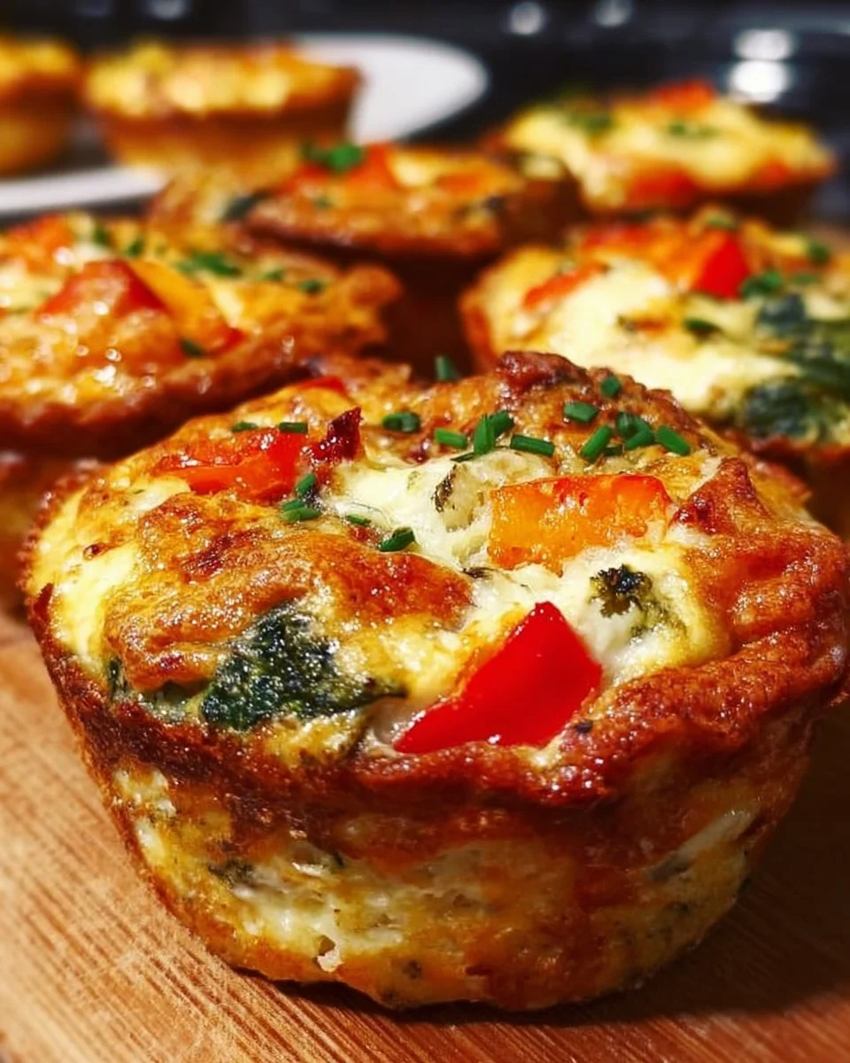 Leckere Mini-Quiches mit Gemüse auf einem Holzbrett