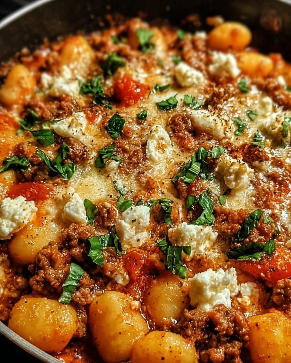One Pot Gnocchi mit Hackfleisch und Feta in einer Pfanne serviert.