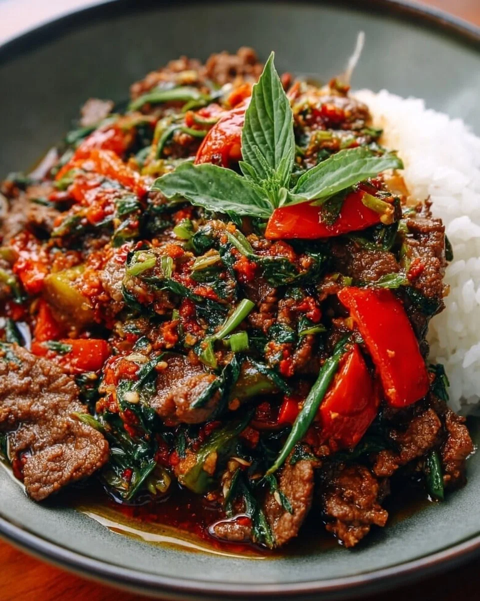 Leckeres Pad Kra Pao Gericht mit Thai-Basilikum und scharfer Sauce.