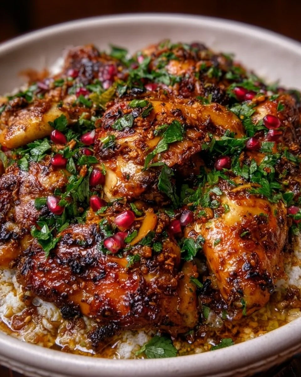 Leckeres Parthisches Hühnchen auf einem Teller mit frischen Kräutern garniert.