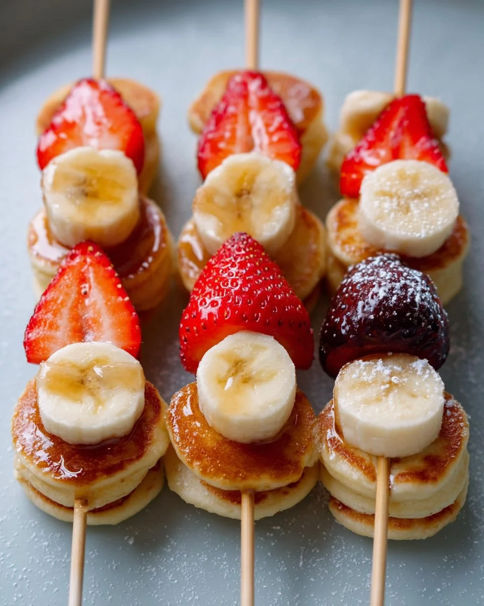 Pfannkuchen-Spieße mit Erdbeeren und Banane auf einem Teller