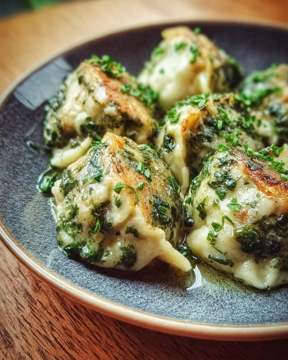 Proteinreiche Spinatknödel auf einem weißen Teller serviert