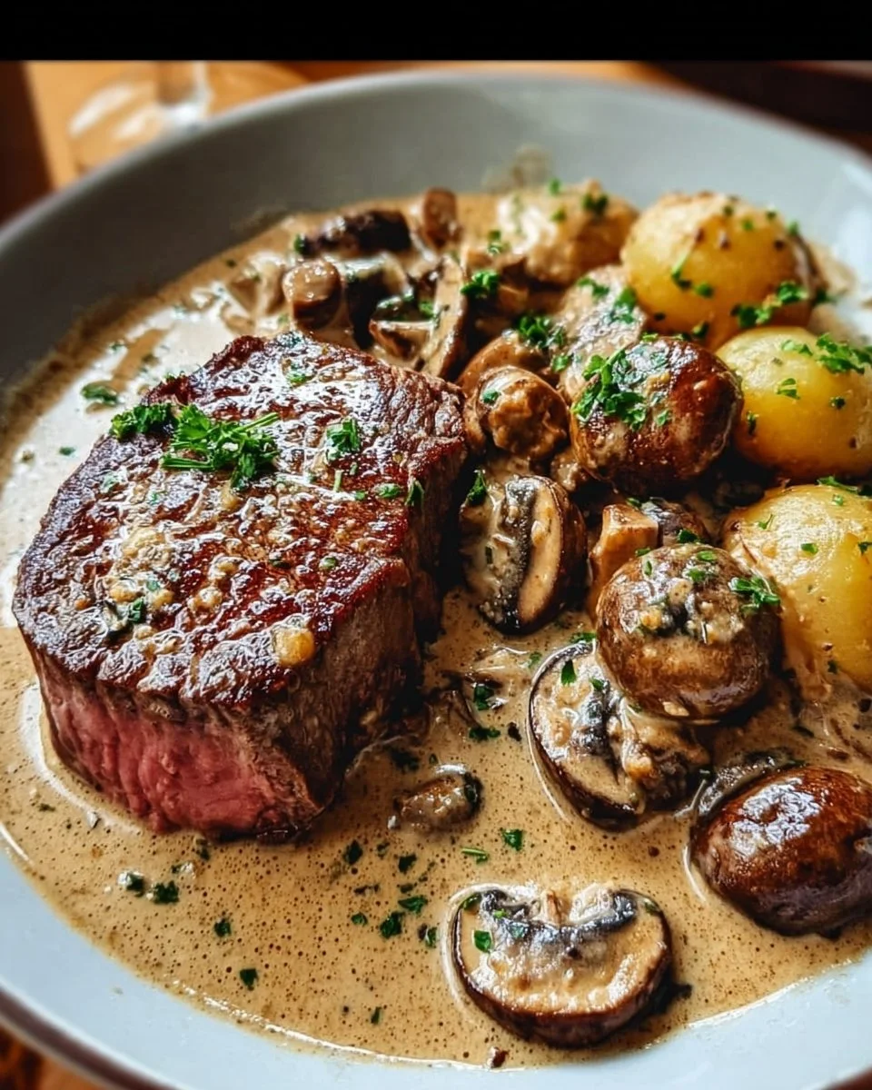 Rinderfilet mit Steinpilzen in cremiger Soße serviert auf einem Teller