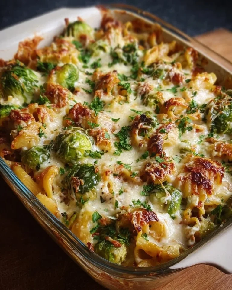 Rosenkohl-Nudelauflauf mit cremiger Sauce auf einem Teller serviert