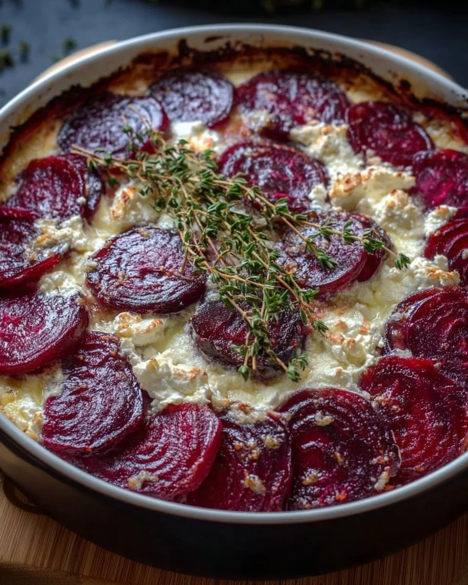 Rote-Bete-Gratin mit Ziegenkäse auf einem Teller serviert.