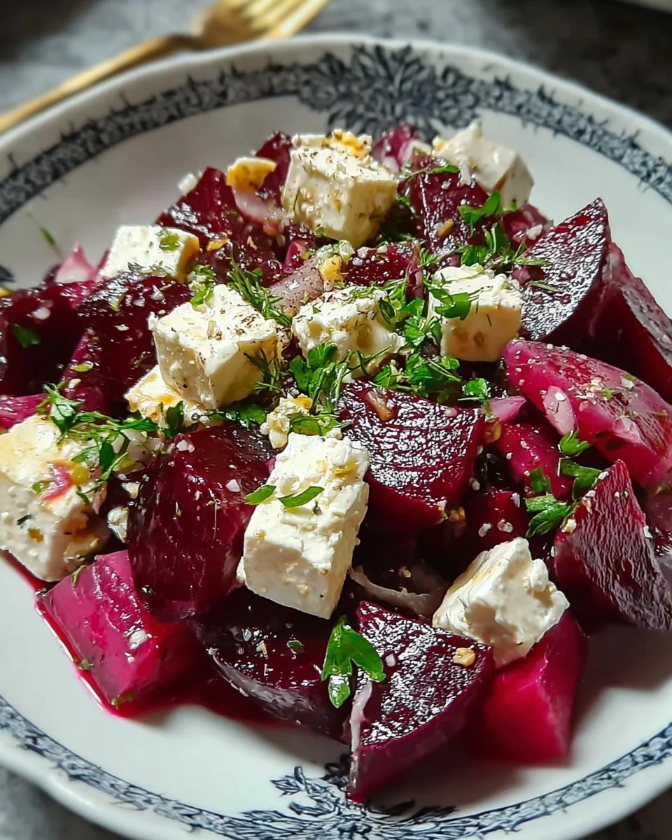 Rote Bete und Feta Käse Salat auf einem Teller angerichtet