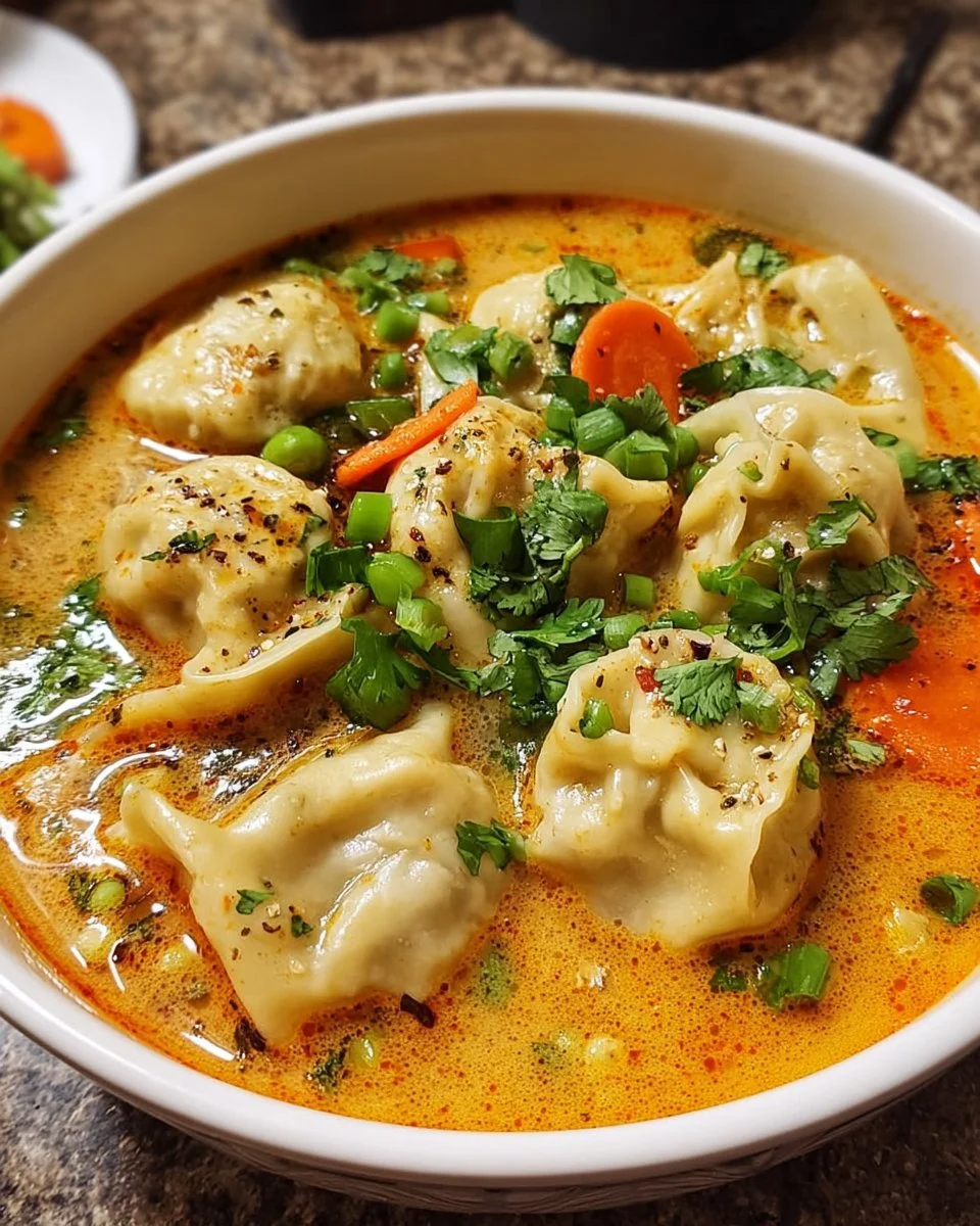 Rote Curry-Maultaschensuppe in einer weißen Schüssel mit frischen Kräutern garniert.