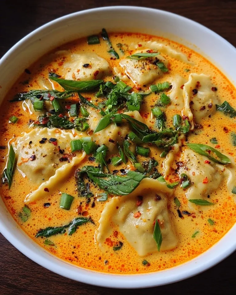 Schüssel mit Rote Curry Ravioli Suppe, garniert mit frischen Kräutern