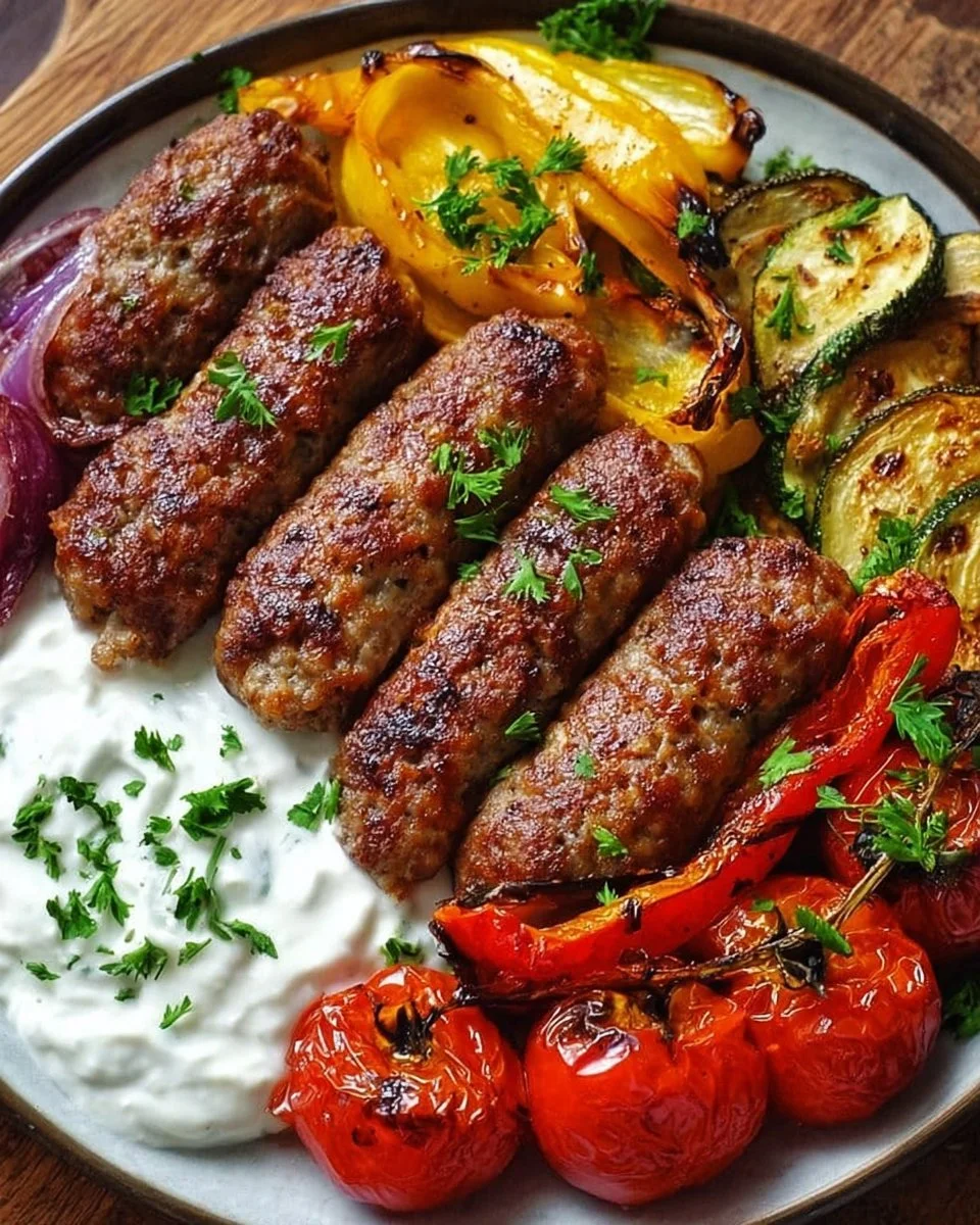 Saftige Cevapcici mit geröstetem Gemüse und cremigem Joghurt auf einem Teller