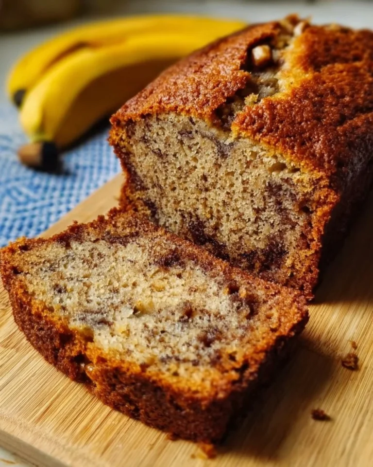 Saftiges Bananenbrot mit Bananenstückchen und Nüssen auf einem Holzbrett